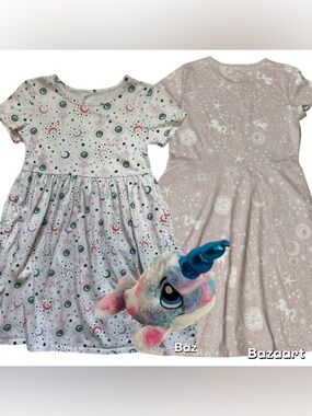 2 Sz 7/8 Celestial Moon and Star  Unicorn Dress With Pockets & Narwhal Plush